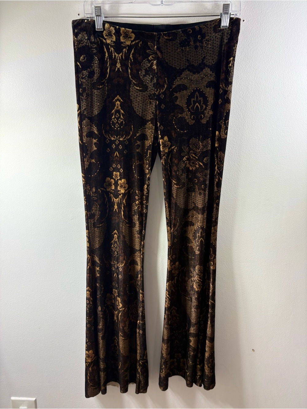 Free People Paisley Velvet Flare Pants Small Black Brown Gold Boho Bell Bottoms